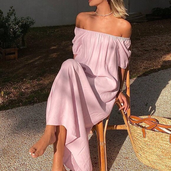 Pink Elegant Women's Summer Solid Color Off-Shoulder Short Sleeve Loose Dress - Picture 1 of 7